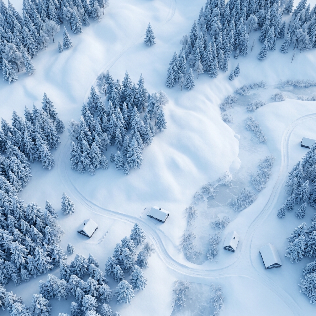 雪に覆われた冬の風景の柔らかな3Dレンダリング、見下ろすアングル、クールなブルーの色調、静寂な雰囲気、1:1アスペクト比