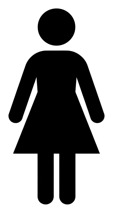 標準圖示，單一穿裙女性圖案的女廁實心黑色圖示，透明背景 PNG