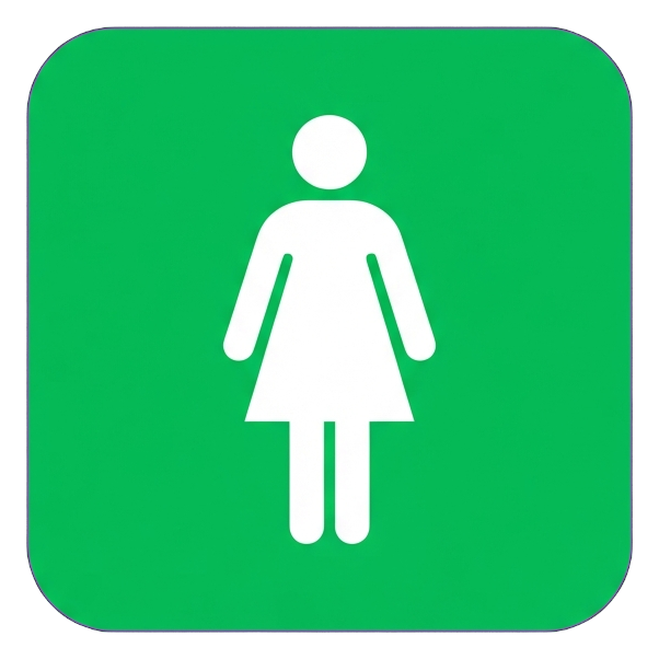 Pictogram sign, white figure on a solid green rounded square of a women's restroom pictogram with a single woman figure in a dress, transparent background PNG