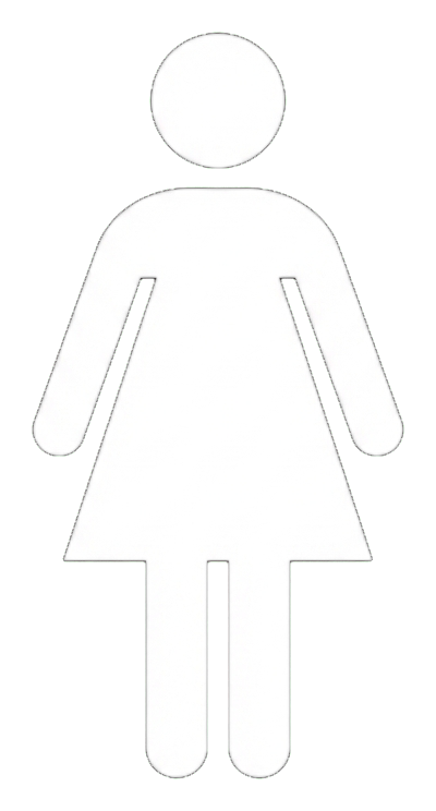 Pictograma de color plano, colores brillantes amigables de un pictograma de baño de mujeres con una sola figura de mujer con vestido, PNG con fondo transparente