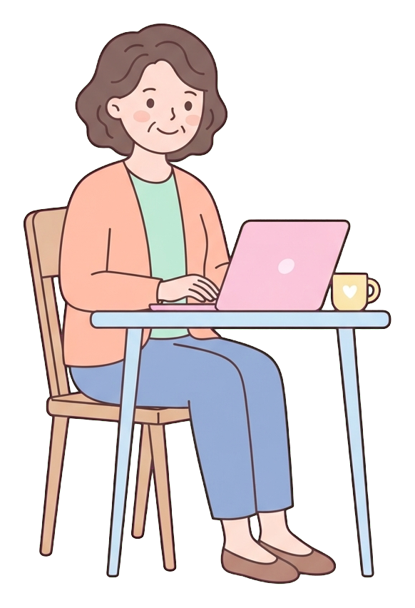Simple cute flat cartoon illustration with soft pastel colors and thin clean dark outlines of a middle-aged woman, person working from home on a laptop at a small table with a mug, transparent background PNG