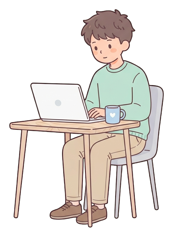 Simple cute flat cartoon illustration with soft pastel colors and thin clean dark outlines of a young man, person working from home on a laptop at a small table with a mug, transparent background PNG