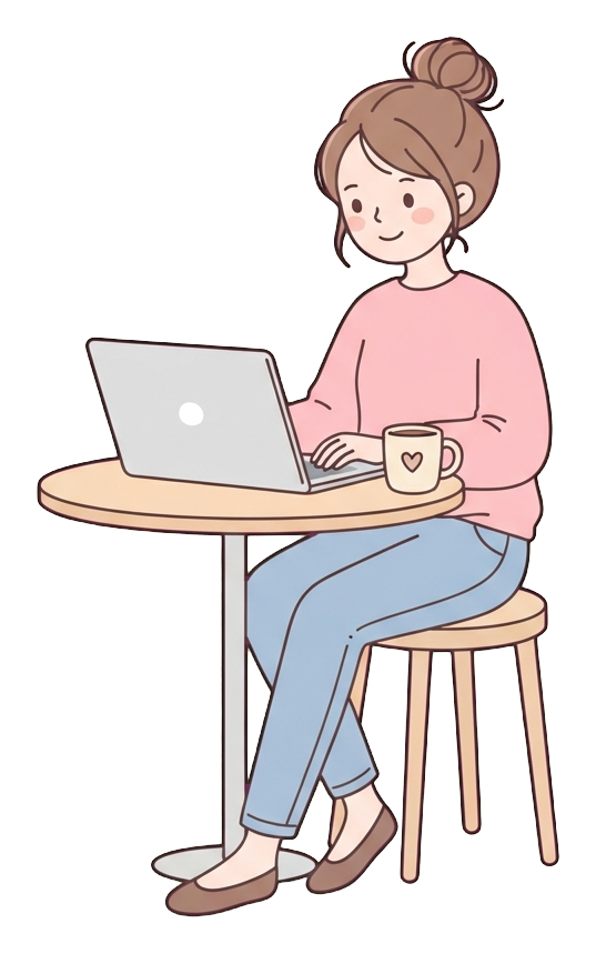 Simple cute flat cartoon illustration with soft pastel colors and thin clean dark outlines of a young woman, person working from home on a laptop at a small table with a mug, transparent background PNG