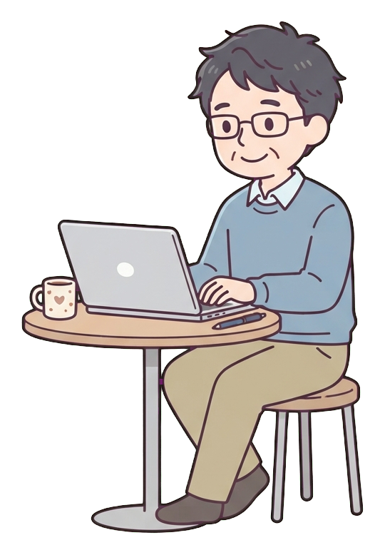 Simple cute flat cartoon illustration with soft pastel colors and thin clean dark outlines of a middle-aged man, person working from home on a laptop at a small table with a mug, transparent background PNG