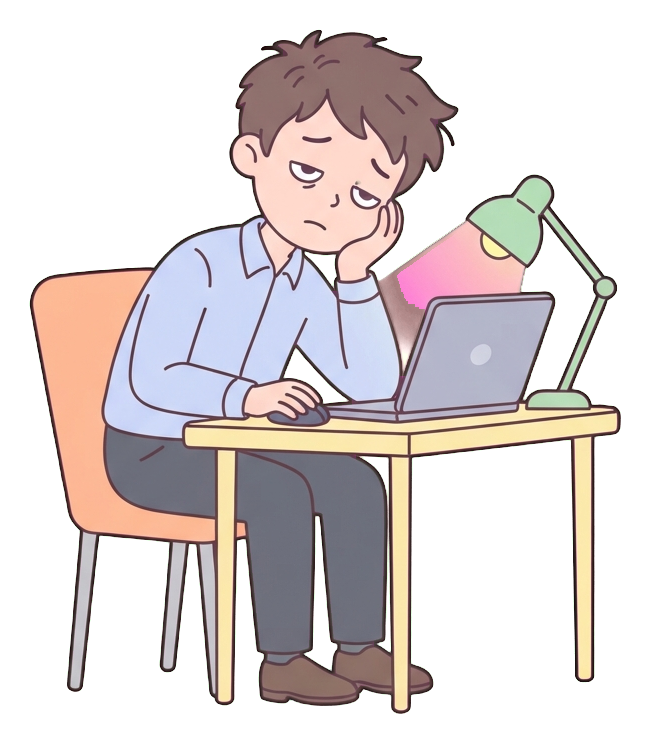 Simple cute flat cartoon illustration with soft pastel colors and thin clean dark outlines of a young man, tired office worker working late at a desk with a desk lamp and laptop, transparent background PNG