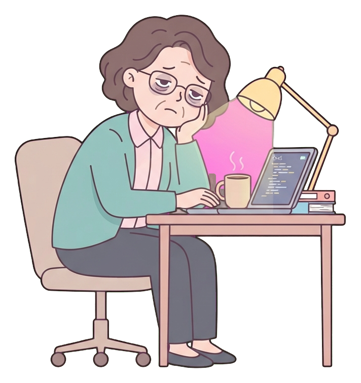 Simple cute flat cartoon illustration with soft pastel colors and thin clean dark outlines of a middle-aged woman, tired office worker working late at a desk with a desk lamp and laptop, transparent background PNG