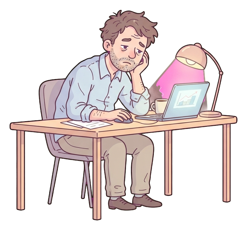 Simple cute flat cartoon illustration with soft pastel colors and thin clean dark outlines of a middle-aged man, tired office worker working late at a desk with a desk lamp and laptop, transparent background PNG
