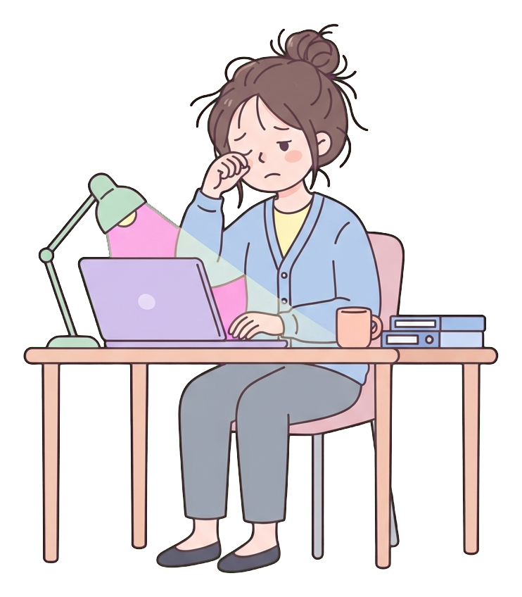 Simple cute flat cartoon illustration with soft pastel colors and thin clean dark outlines of a young woman, tired office worker working late at a desk with a desk lamp and laptop, transparent background PNG