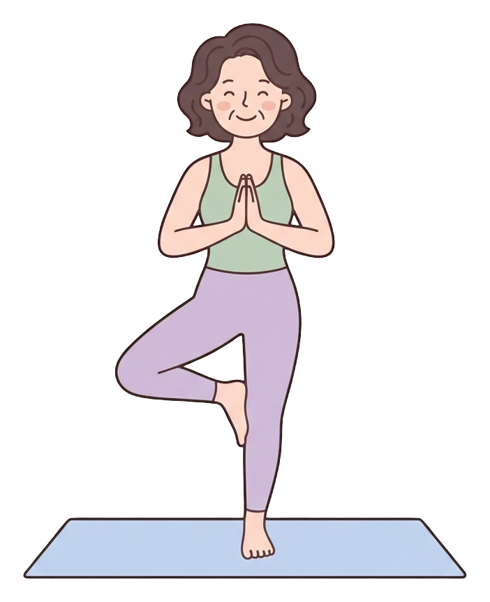 Simple cute flat cartoon illustration with soft pastel colors and thin clean dark outlines of a middle-aged woman, person doing a yoga pose on a mat, transparent background PNG