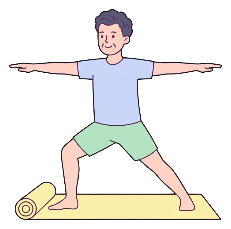 Ilustración de dibujos animados plana, simple y linda, con colores pastel suaves y contornos oscuros, limpios y finos, de un hombre de mediana edad haciendo una postura de yoga en una esterilla, fondo transparente PNG