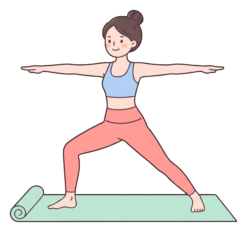 Ilustración de dibujos animados plana, simple y linda, con colores pastel suaves y contornos oscuros, limpios y finos, de una mujer joven haciendo una postura de yoga en una esterilla, fondo transparente PNG
