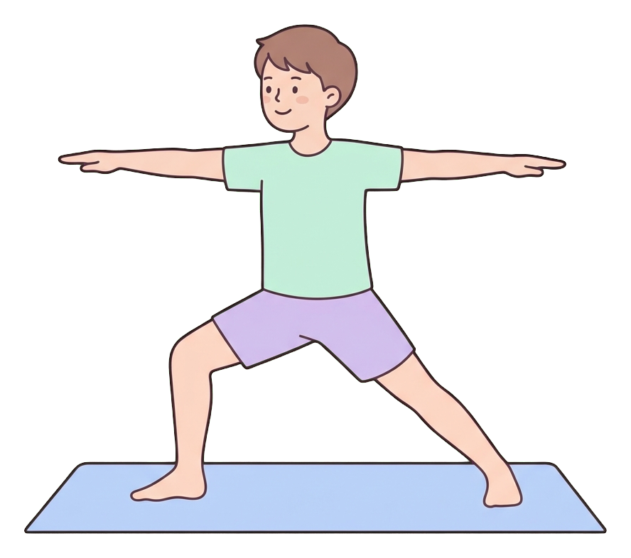 Ilustración de dibujos animados plana, simple y linda, con colores pastel suaves y contornos oscuros, limpios y finos, de un hombre joven haciendo una postura de yoga en una esterilla, fondo transparente PNG