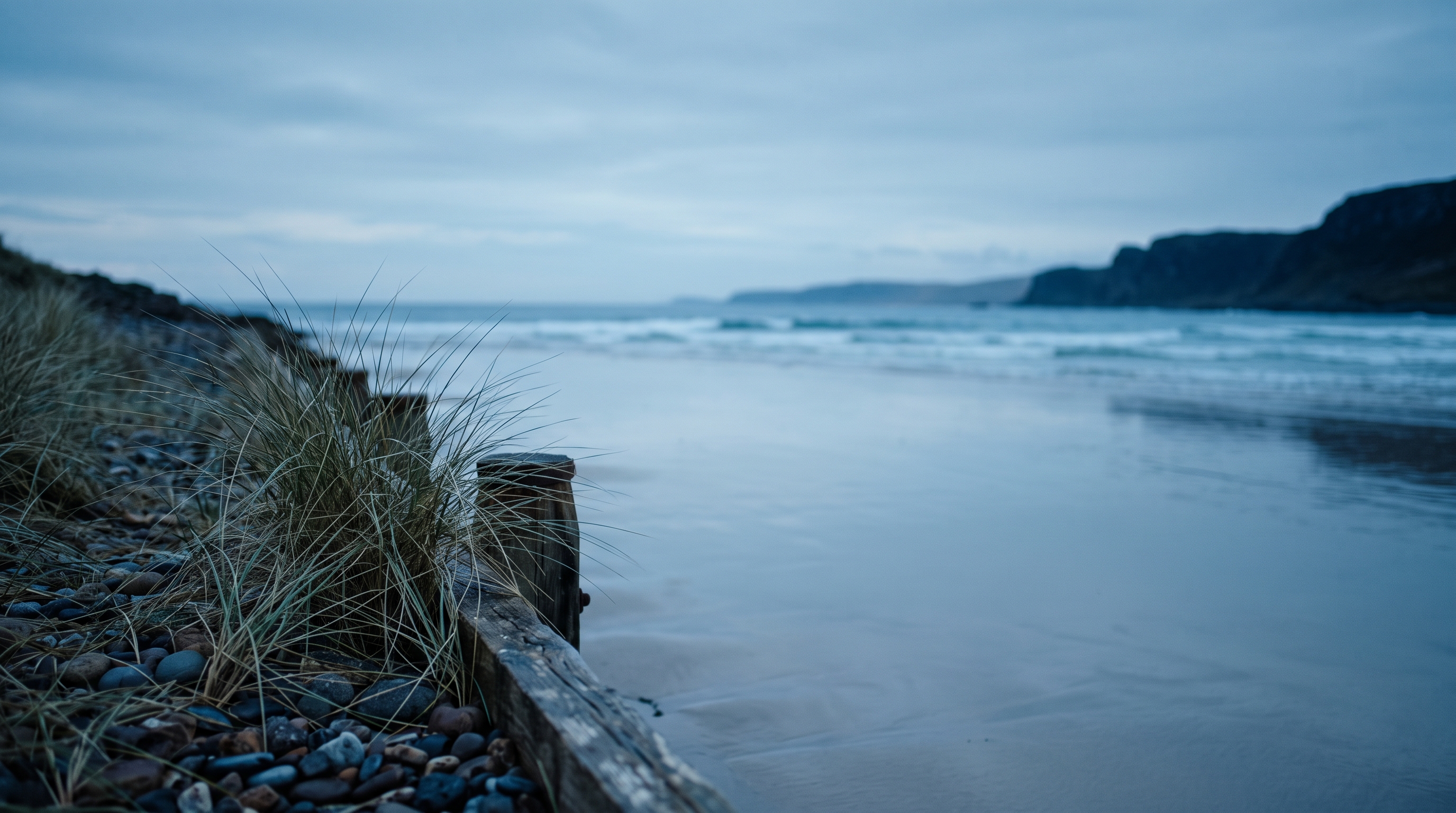 Cinematic film still of wide panoramic banner background with a calm empty area in the center, close-up detail with shallow depth of field, cool blue tones, quiet atmosphere, 16:9 aspect ratio