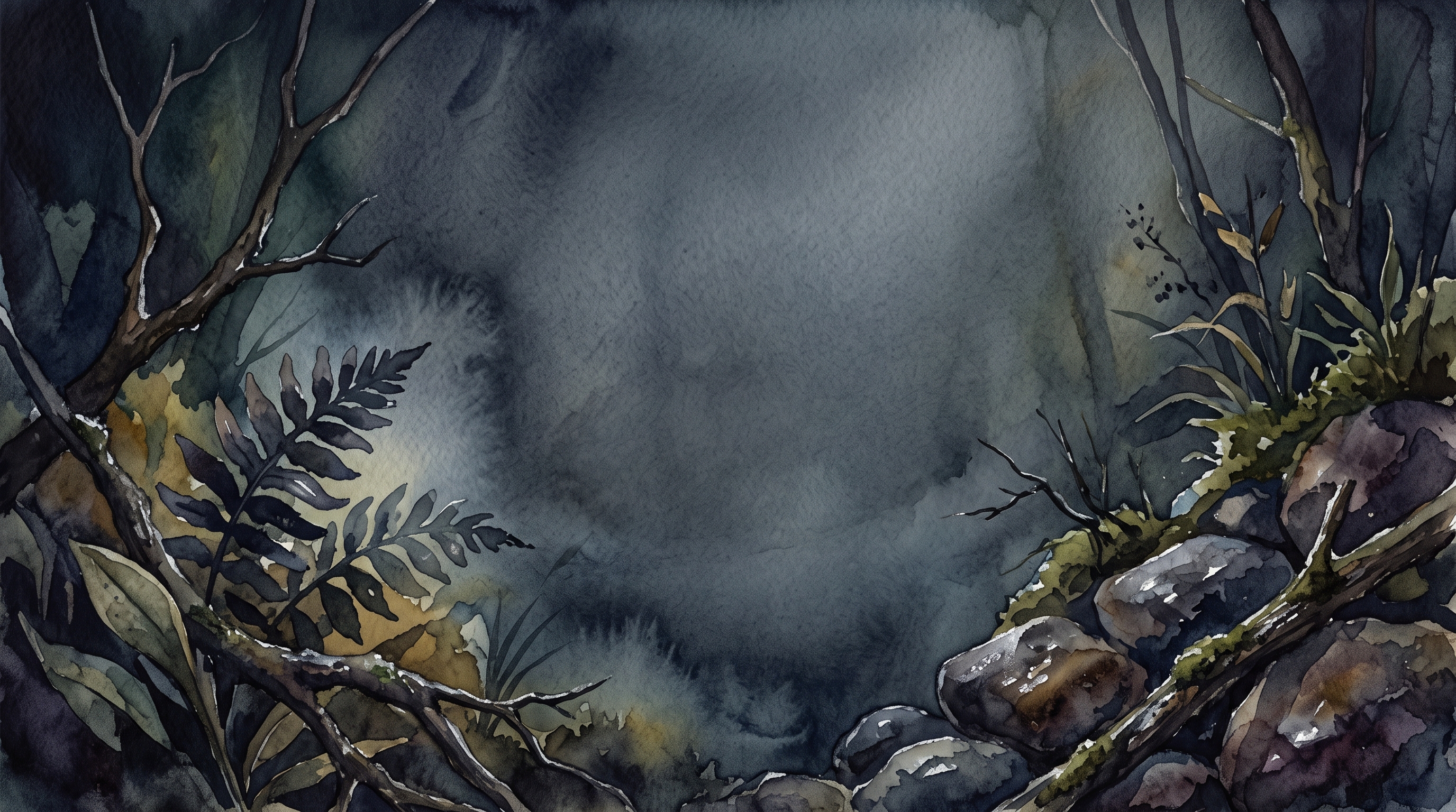 Watercolor illustration of wide panoramic banner background with a calm empty area in the center, close-up detail with shallow depth of field, moody dark tones, dramatic lighting, 16:9 aspect ratio