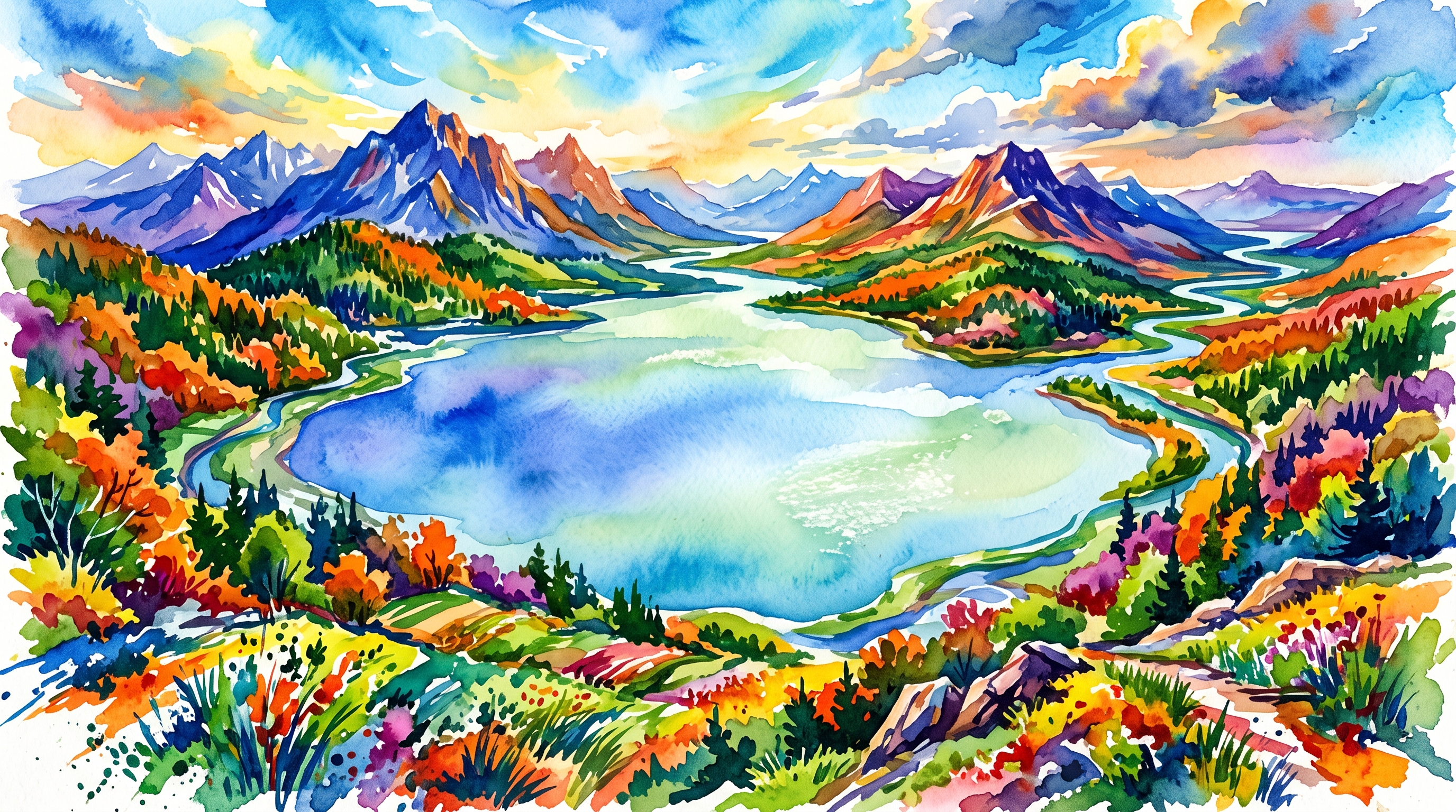 Watercolor illustration of wide panoramic banner background with a calm empty area in the center, high-angle view from above, vivid colors, high contrast, energetic, 16:9 aspect ratio