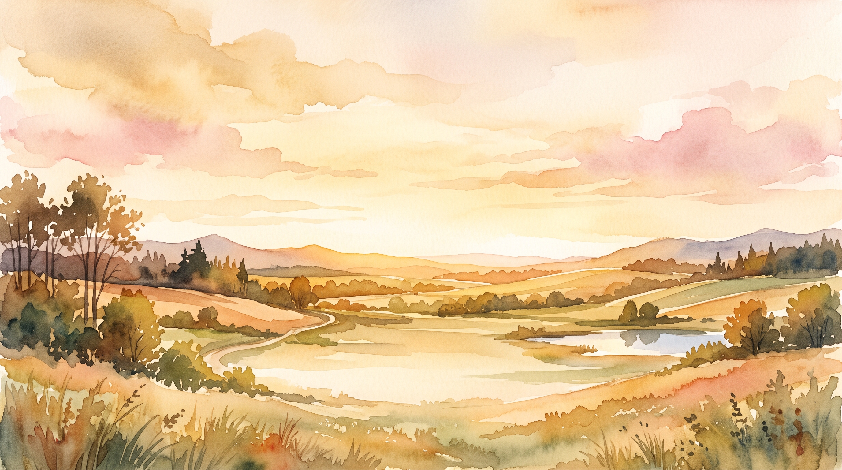 Watercolor illustration of wide panoramic banner background with a calm empty area in the center, wide shot with open space at the top for text, warm golden light, calm mood, 16:9 aspect ratio