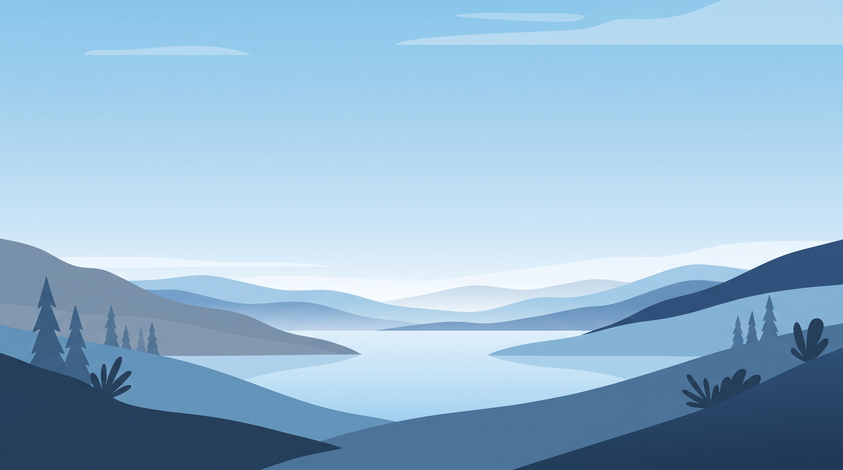 Minimal flat illustration of wide panoramic banner background with a calm empty area in the center, wide shot with open space at the top for text, cool blue tones, quiet atmosphere, 16:9 aspect ratio
