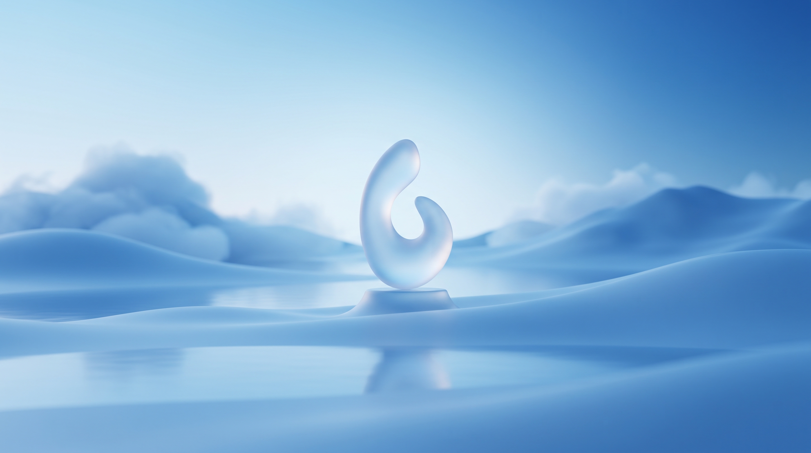 Soft 3d render of wide panoramic banner background with a calm empty area in the center, centered subject with a simple uncluttered composition, cool blue tones, quiet atmosphere, 16:9 aspect ratio