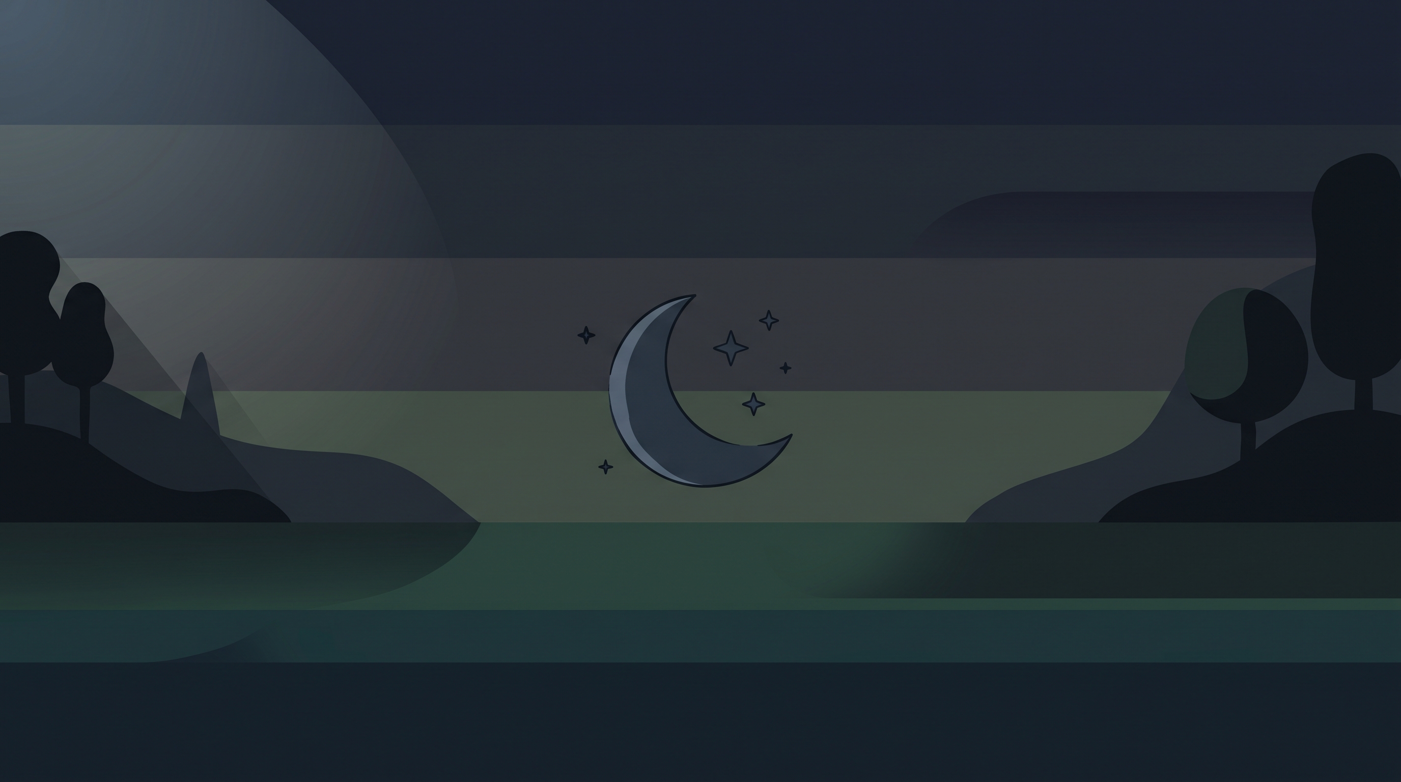 Minimal flat illustration of wide panoramic banner background with a calm empty area in the center, centered subject with a simple uncluttered composition, moody dark tones, dramatic lighting, 16:9 aspect ratio
