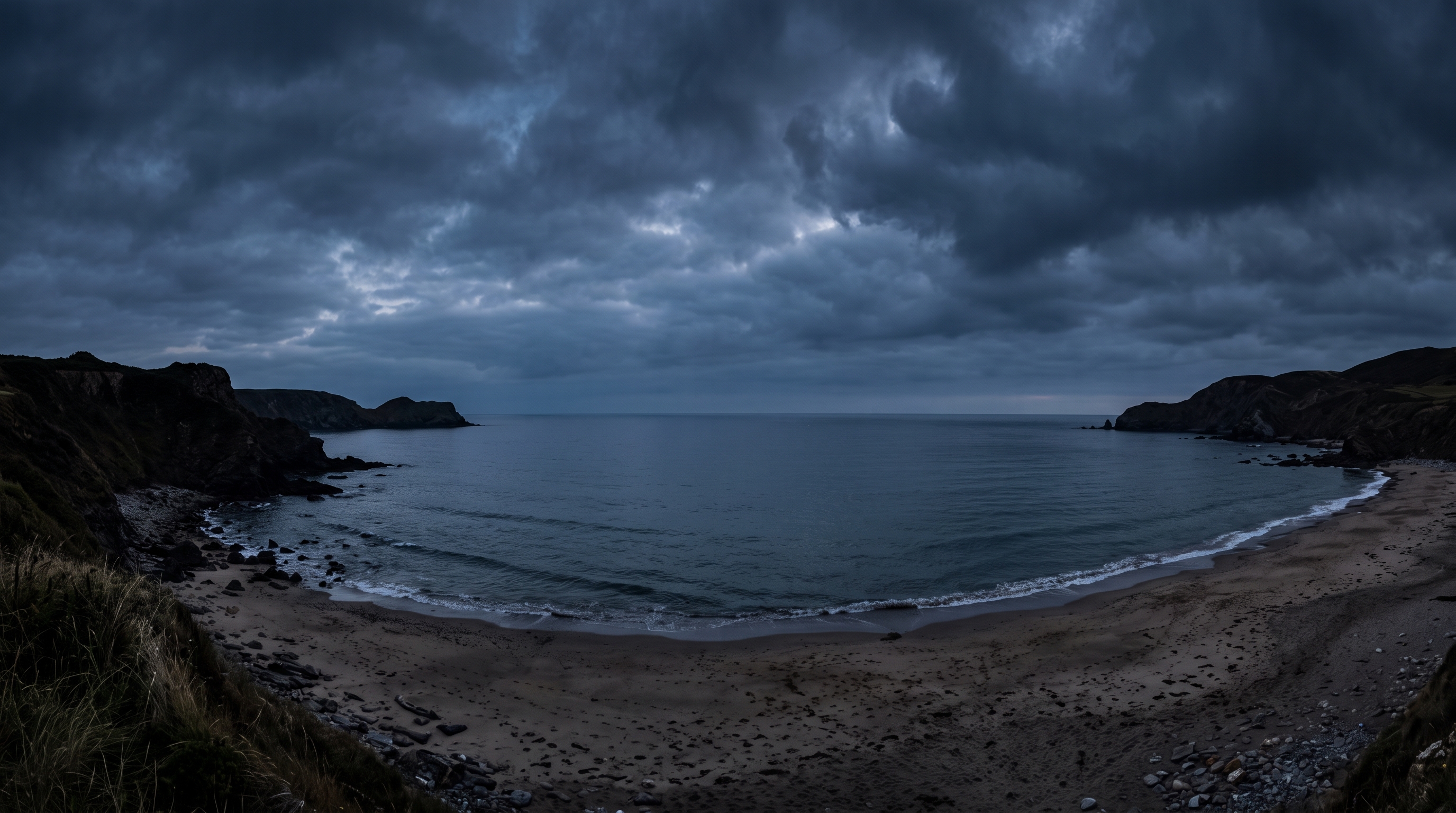 Photorealistic photo of wide panoramic banner background with a calm empty area in the center, wide shot with open space at the top for text, moody dark tones, dramatic lighting, 16:9 aspect ratio