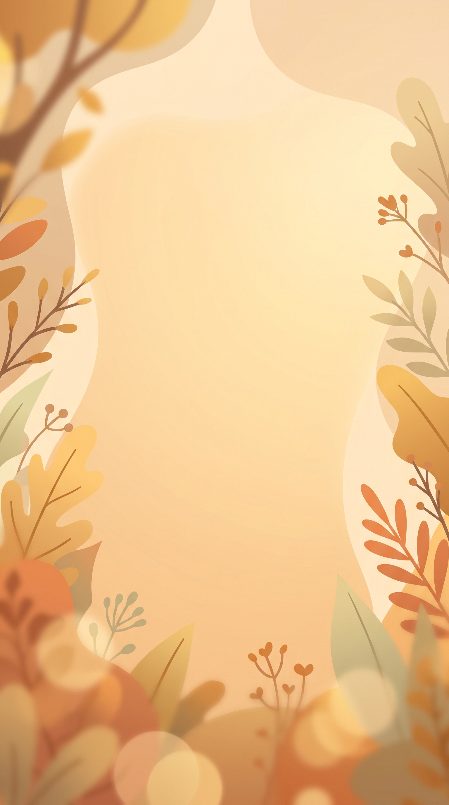Minimal flat illustration of wide panoramic banner background with a calm empty area in the center, close-up detail with shallow depth of field, warm golden light, calm mood, 9:16 aspect ratio