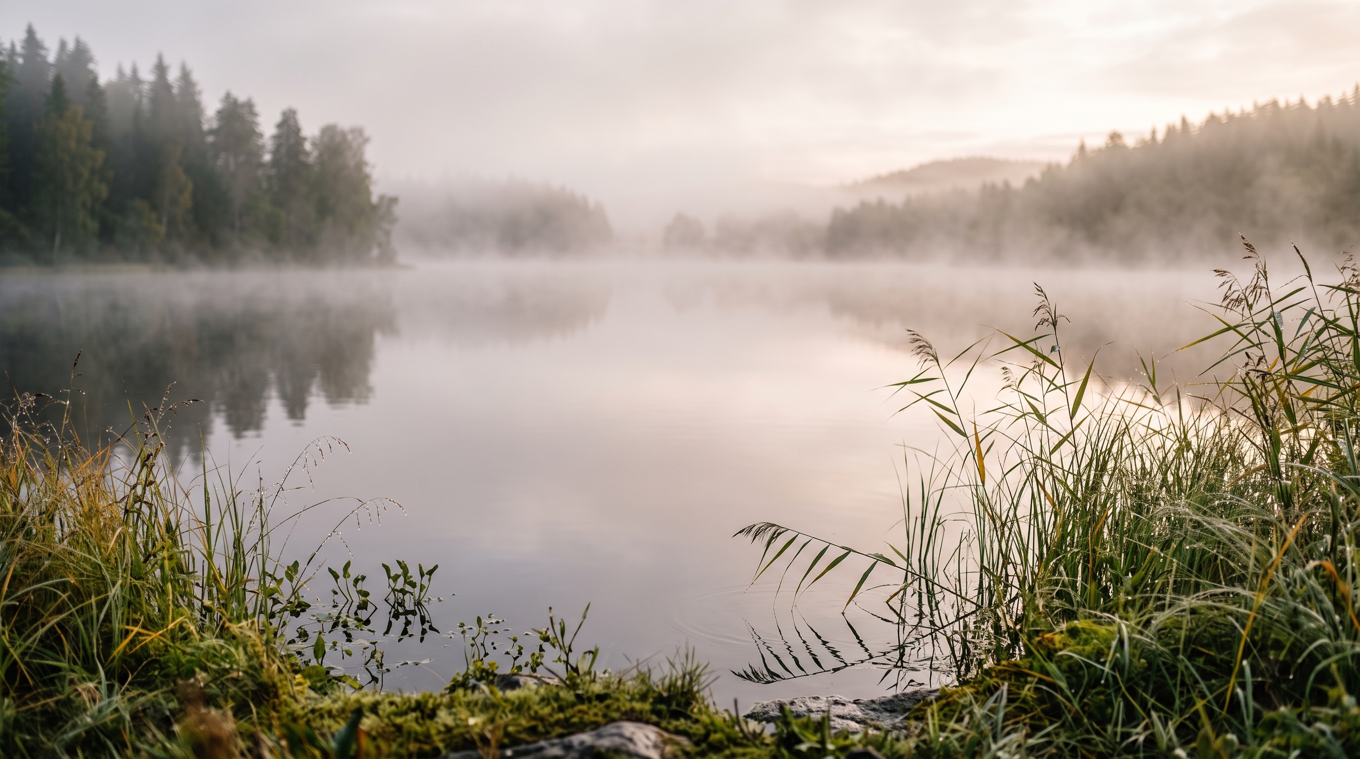 Photorealistic photo of wide panoramic banner background with a calm empty area in the center, close-up detail with shallow depth of field, misty morning haze, dreamy, 16:9 aspect ratio