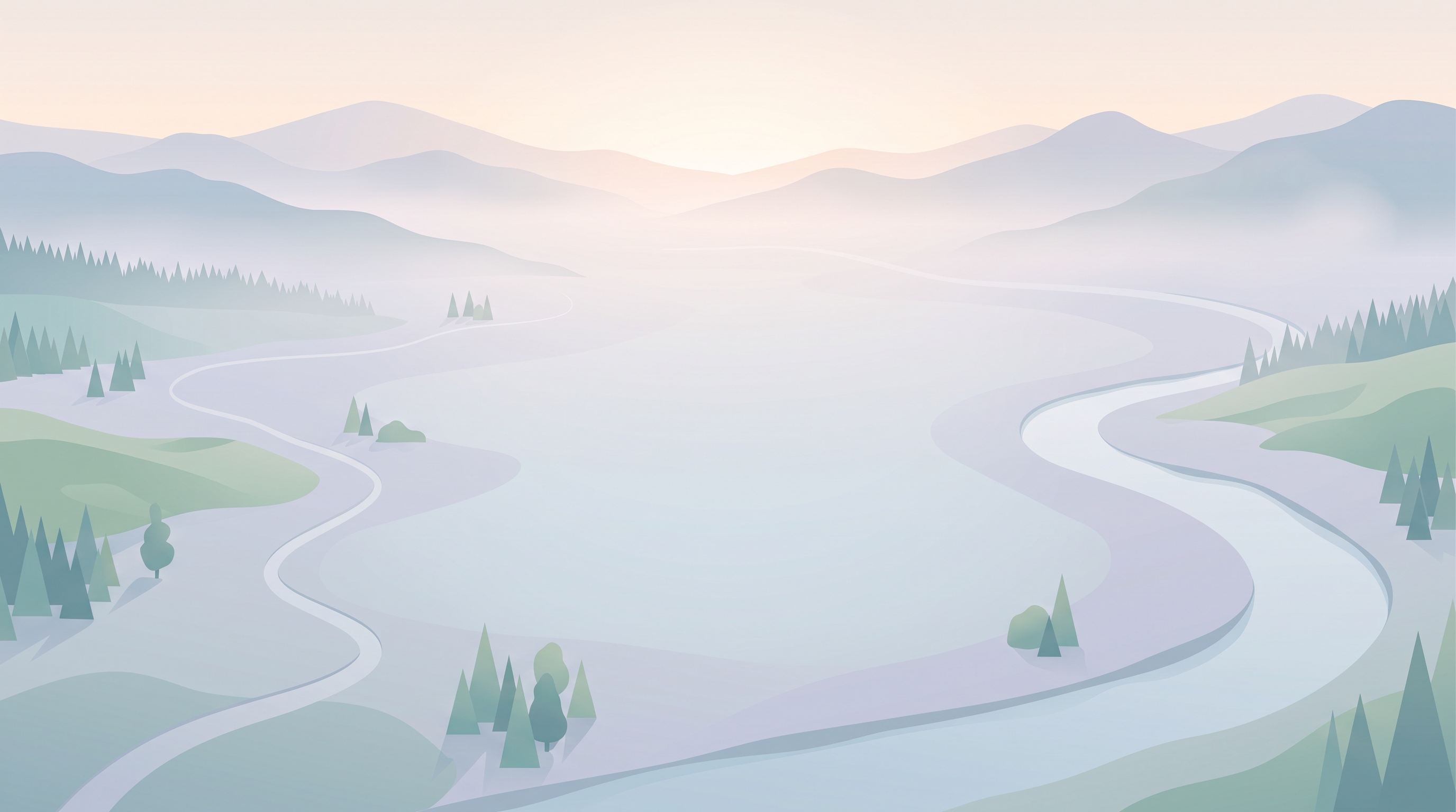 Minimal flat illustration of wide panoramic banner background with a calm empty area in the center, high-angle view from above, misty morning haze, dreamy, 16:9 aspect ratio