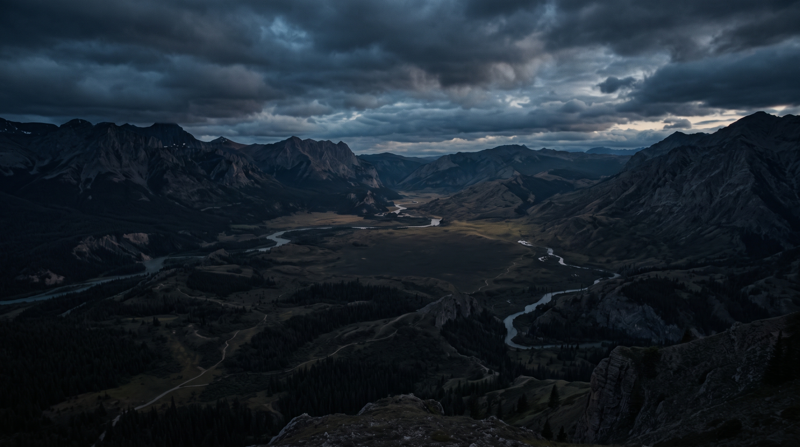 Cinematic film still of wide panoramic banner background with a calm empty area in the center, high-angle view from above, moody dark tones, dramatic lighting, 16:9 aspect ratio