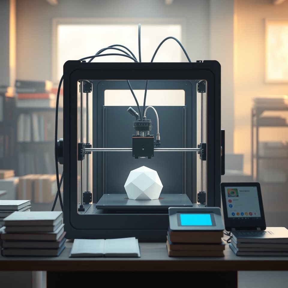 Soft 3D render of A 3d printer extruding molten plastic to create a precise geometric object in a workshop, wide shot with open space at the top for text, misty morning haze, dreamy, 1:1 aspect ratio