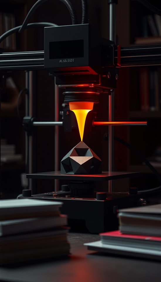 Photorealistic photo of A 3d printer extruding molten plastic to create a precise geometric object in a workshop, close-up detail with shallow depth of field, moody dark tones, dramatic lighting, 9:16 aspect ratio