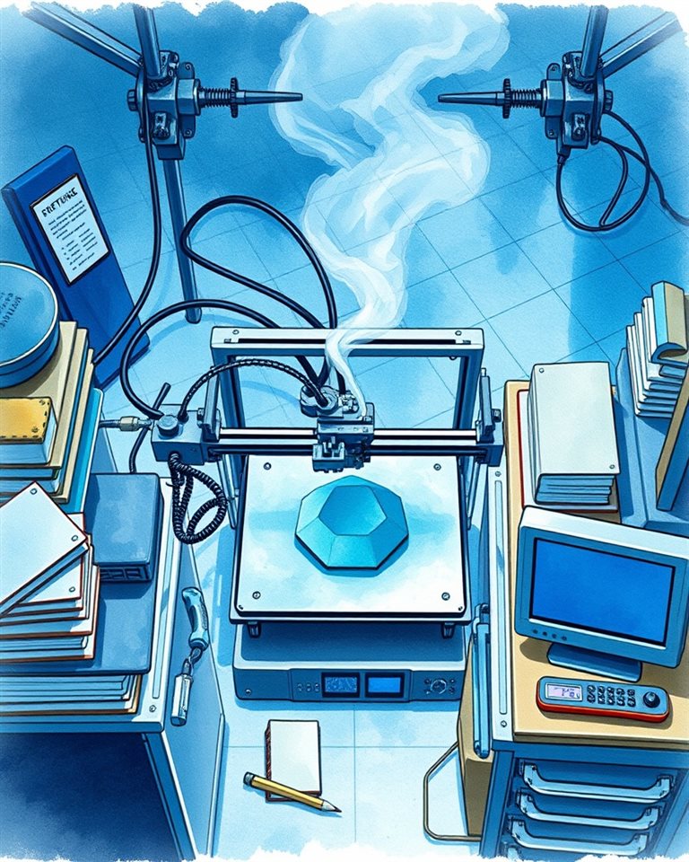 Watercolor illustration of A 3d printer extruding molten plastic to create a precise geometric object in a workshop, high-angle view from above, cool blue tones, quiet atmosphere, 4:5 aspect ratio