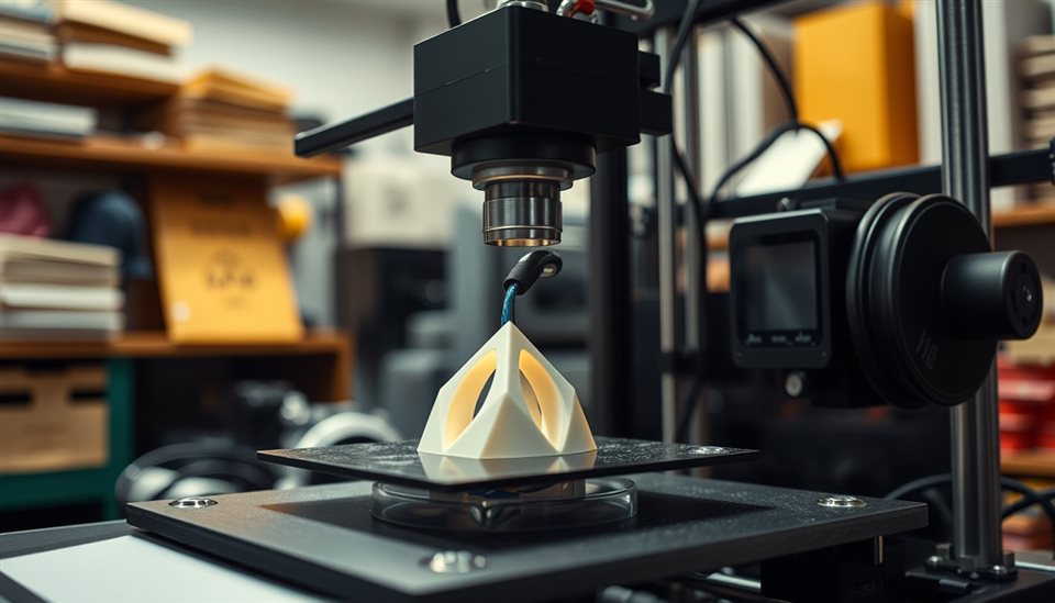 Cinematic film still of A 3d printer extruding molten plastic to create a precise geometric object in a workshop, close-up detail with shallow depth of field, vivid colors, high contrast, energetic, 16:9 aspect ratio