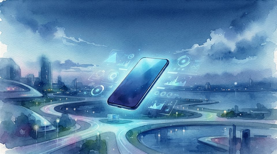Watercolor illustration of A sleek modern 3d smartphone floating with holographic user interface elements, wide shot with open space at the top for text, cool blue tones, quiet atmosphere, 16:9 aspect ratio