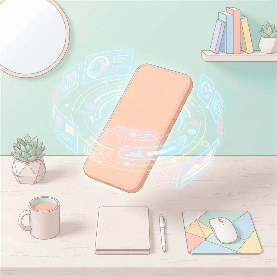 Minimal flat illustration of A sleek modern 3d smartphone floating with holographic user interface elements, high-angle view from above, soft pastel colors, bright and cozy, 1:1 aspect ratio