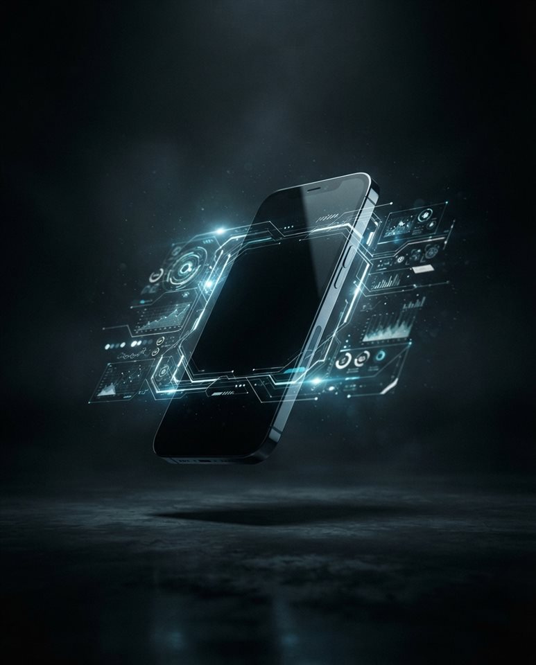 Fotografía hiperrealista de un smartphone 3D moderno y elegante flotando con elementos de interfaz de usuario holográficos, sujeto centrado con una composición simple y despejada, tonos oscuros melancólicos, iluminación dramática, relación de aspecto 4:5