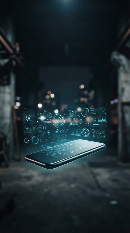 Photorealistic photo of A sleek modern 3d smartphone floating with holographic user interface elements, wide shot with open space at the top for text, moody dark tones, dramatic lighting, 9:16 aspect ratio