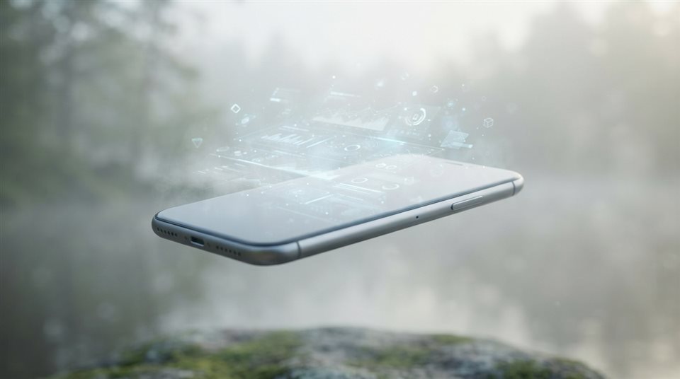 Soft 3D render of A sleek modern 3d smartphone floating with holographic user interface elements, close-up detail with shallow depth of field, misty morning haze, dreamy, 16:9 aspect ratio