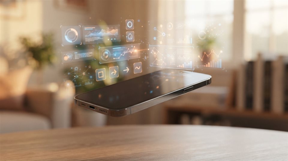 Fotografía hiperrealista de un smartphone 3D moderno y elegante flotando con elementos de interfaz de usuario holográficos, detalle en primer plano con poca profundidad de campo, luz dorada cálida, ambiente tranquilo, relación de aspecto 16:9