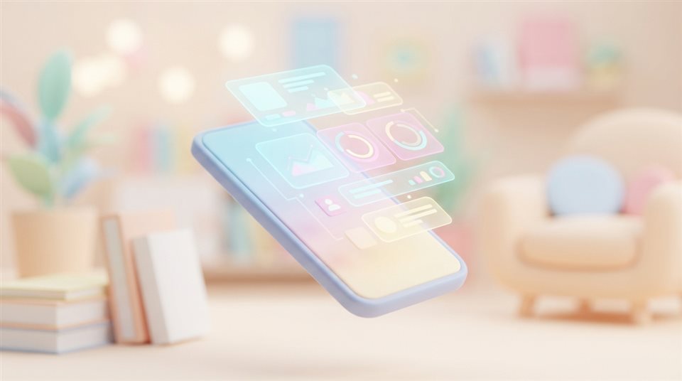 Minimal flat illustration of A sleek modern 3d smartphone floating with holographic user interface elements, close-up detail with shallow depth of field, soft pastel colors, bright and cozy, 16:9 aspect ratio