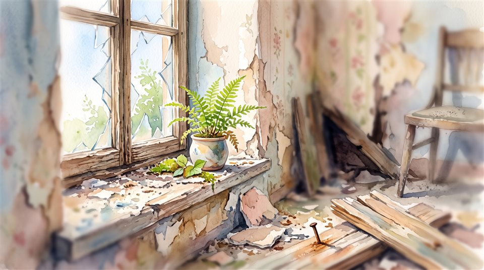 Ilustração em aquarela do interior de um edifício abandonado com janelas quebradas, detalhe em close-up com profundidade de campo rasa, cores pastel suaves, brilhante e aconchegante, proporção 16:9