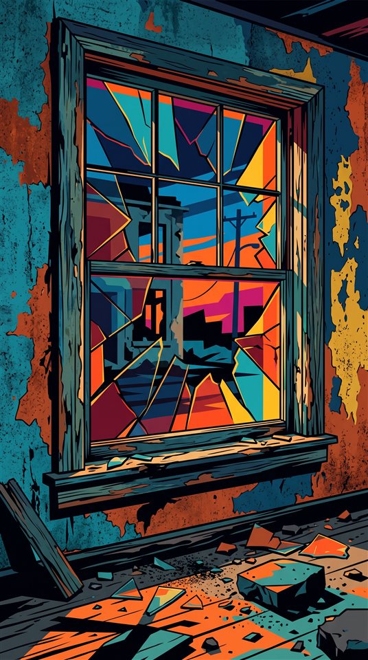Ilustración plana y minimalista del interior de un edificio abandonado con ventanas rotas, detalle en primer plano con poca profundidad de campo, colores vivos, alto contraste, ambiente enérgico, relación de aspecto 9:16
