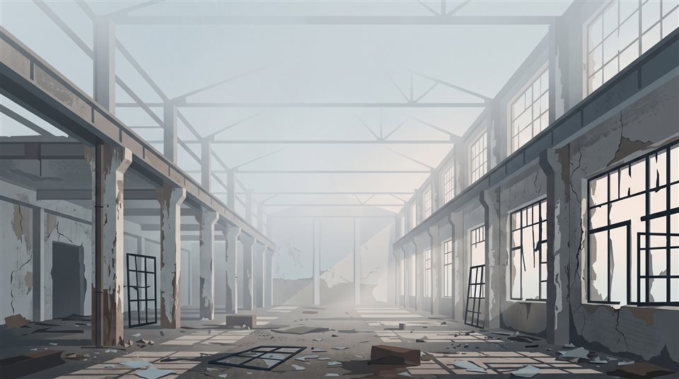 Ilustração plana minimalista do interior de um edifício abandonado com janelas quebradas, tomada ampla com espaço livre na parte superior para texto, névoa matinal, sonhado, proporção 16:9
