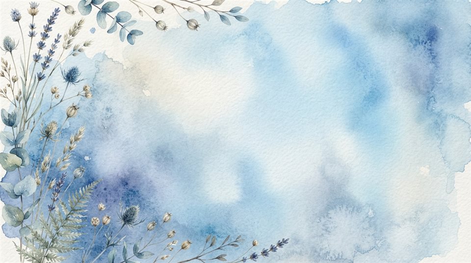 Watercolor texture design of soft aesthetic background with dried flowers at the edge and empty space, simple balanced layout, cool blue tones, quiet atmosphere, 16:9 aspect ratio