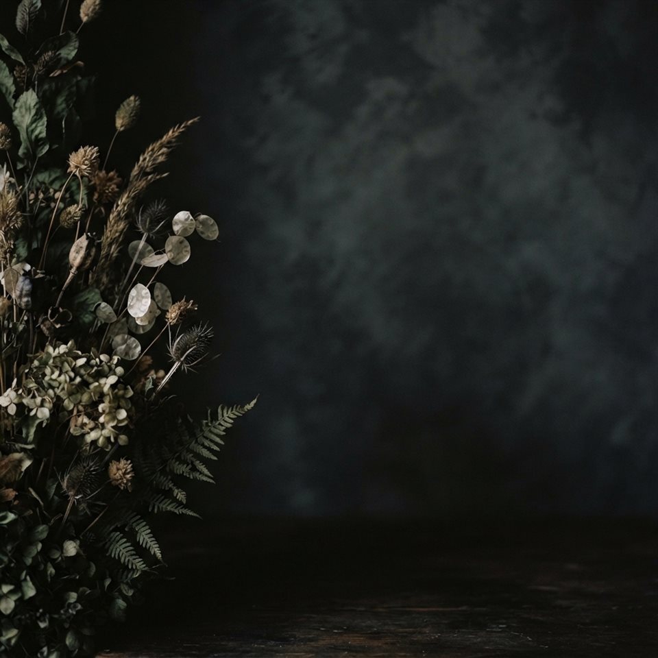 Soft photorealistic background photo of soft aesthetic background with dried flowers at the edge and empty space, simple balanced layout, moody dark tones, dramatic lighting, 1:1 aspect ratio