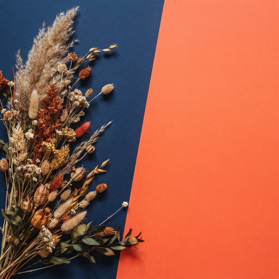 Minimal abstract design of soft aesthetic background with dried flowers at the edge and empty space, simple balanced layout, vivid colors, high contrast, energetic, 1:1 aspect ratio