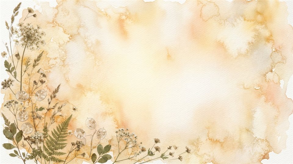 Watercolor texture design of soft aesthetic background with dried flowers at the edge and empty space, simple balanced layout, warm golden light, calm mood, 16:9 aspect ratio