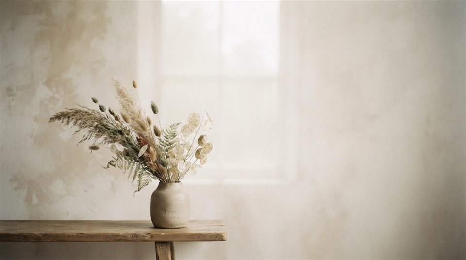 Minimal abstract design of soft aesthetic background with dried flowers at the edge and empty space, simple balanced layout, misty morning haze, dreamy, 16:9 aspect ratio