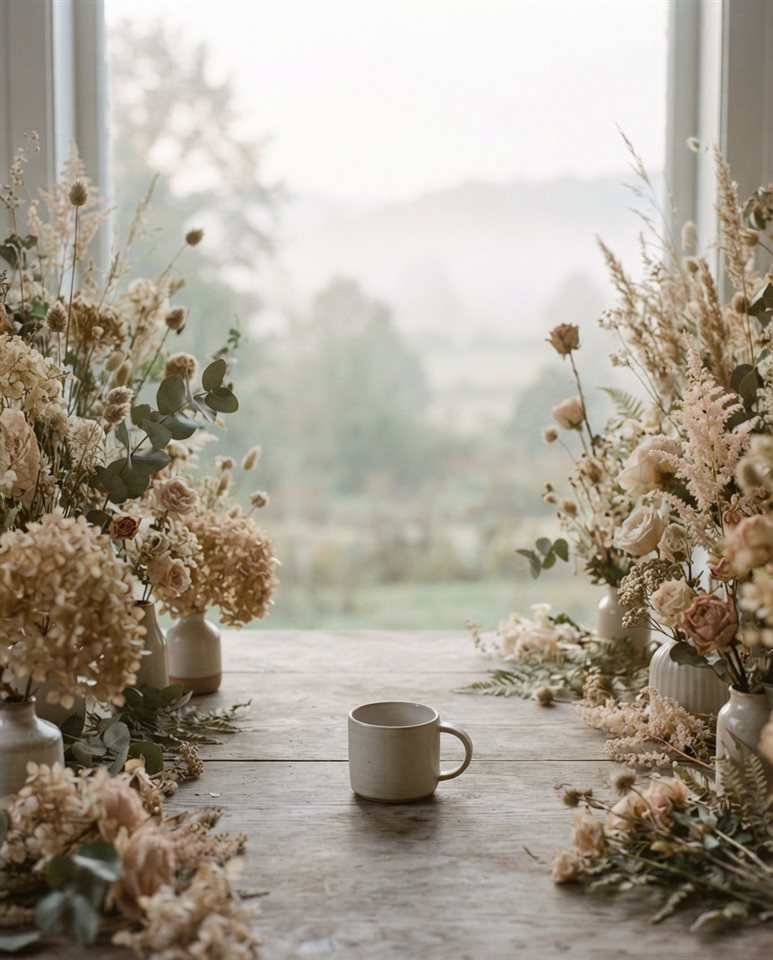 Soft photorealistic background photo of soft aesthetic background with dried flowers at the edge and empty space, simple balanced layout, misty morning haze, dreamy, 4:5 aspect ratio