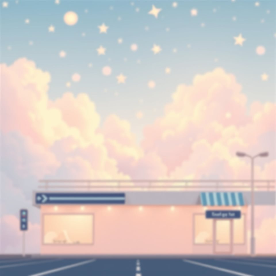 Minimal flat illustration of Dreamy aesthetic vertical background with pastel clouds, stars, and soft glowing bokeh lights, close-up detail with shallow depth of field, soft pastel colors, bright and cozy, 1:1 aspect ratio