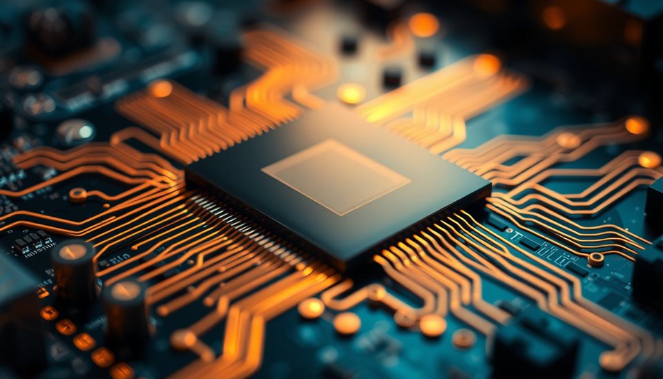 Photorealistic photo of Close-up of an advanced microchip with glowing neon circuit pathways on a dark motherboard, close-up detail with shallow depth of field, warm golden light, calm mood, 16:9 aspect ratio